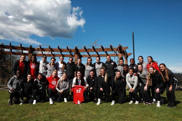 April 11, 2022, LANGFORD, BC, CAN: Prime Minister Justin Trudeau poses for a photo with the women s national soccer team during a surprise visit while at Bear Mountain Resort to wish them good luck before their game tonight in Langford, B.C., Monday, April 11, 2022. LANGFORD CAN  - ZUMAc35_ 20220411_zaf_c35_083 Copyright: xChadxHipolitox