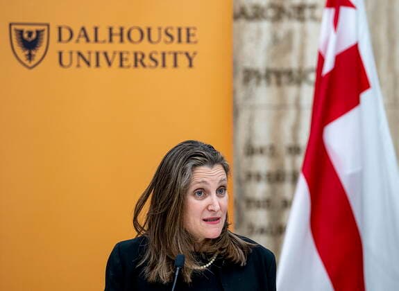 April 12, 2022, Halifax, NS, Canada: Federal Finance Minister Chrystia Freeland holds a media availability during a visit to Dalhousie University in Halifax on Tuesday, April 12, 2022. Halifax Canada  - ZUMAc35_ 20220412_zaf_c35_002 Copyright: xAndrewxVaughanx