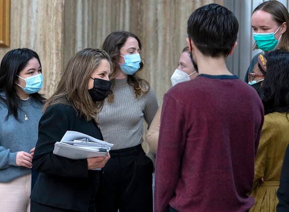 April 12, 2022, Halifax, NS, Canada: Federal Finance Minister Chrystia Freeland talks with medical students during a visit to Dalhousie University in Halifax on Tuesday, April 12, 2022. Halifax Canada  - ZUMAc35_ 20220412_zaf_c35_003 Copyright: xAndrewxVaughanx