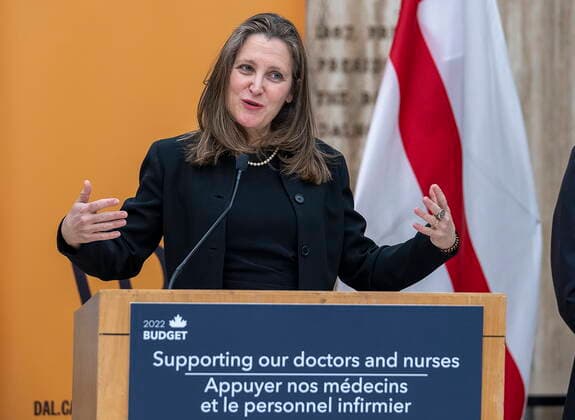 April 12, 2022, Halifax, NS, Canada: Federal Finance Minister Chrystia Freeland holds a media availability during a visit to Dalhousie University in Halifax on Tuesday, April 12, 2022. Halifax Canada  - ZUMAc35_ 20220412_zaf_c35_004 Copyright: xAndrewxVaughanx