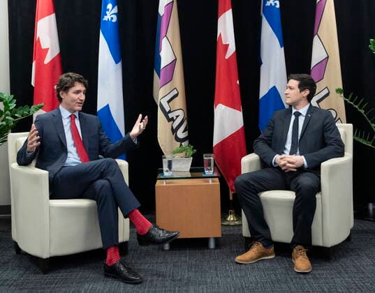 April 13, 2022, Laval, PQ, Canada: Prime Minister Justin Trudeau meets with the Mayor of Laval, Stephane Boyer on Wednesday, April 13, 2022 in Laval, Quebec. Laval Canada  - ZUMAc35_ 20220413_zaf_c35_043 Copyright: xRyanxRemiorzx