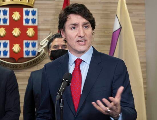 April 13, 2022, Laval, PQ, Canada: Prime Minister Justin Trudeau speaks to the media during a news conference, Wednesday, April 13, 2022 in Laval, Que. Laval Canada  - ZUMAc35_ 20220413_zaf_c35_048 Copyright: xRyanxRemiorzx