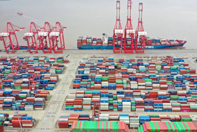 (220415) -- SHANGHAI, April 15, 2022 -- Aerial photo taken on April 15, 2022 shows a view of Shanghai s Yangshan Port in east China. ) CHINA-SHANGHAI-YANGSHAN PORT-AERIAL VIEWS (CN) DingxTing 