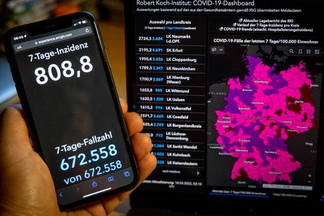 Coronavirus in Germany Covid 19 Robert Koch Institute dashboard 18 04 2022 Robert Koch Institute 7 days incidence 808.8 7 days number of cases 672 558 COVID 19 cases 23 437 145 addition by 20 482 compared to previous day COVID 19 deaths 132 953 addition by 11 compared to previous day