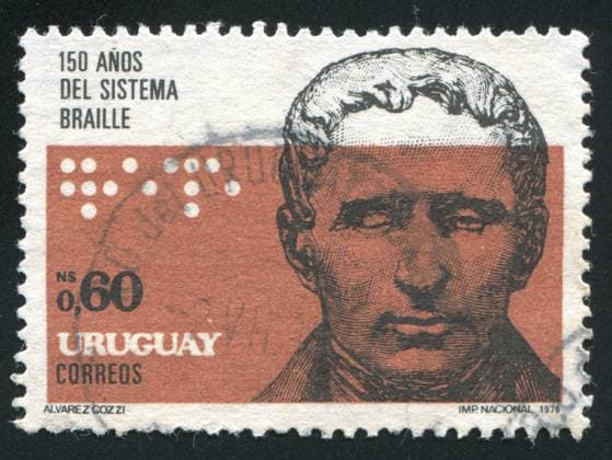URUGUAY - CIRCA 1976: stamp printed by Uruguay, shows Portrait of Louis Braille, circa 1976 , 10820726.jpg, 1976, Louis, Seal, URUGUAY, aged, ancient, antique, blind, braille, cheeks, chin, closed, coat, collar, ears, envelope, eyebrows, eyes, face, forehead, hair, head, historic, letter, lid, lips, mail, male, man, message, mouth, neck, nose, old, people, philately, portrait, postage, postcard, postmark, retro, stamp, system, vintage, writing,