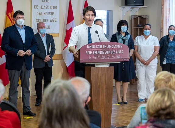 April 19, 2022, Dalhousie, NB, Canada: Prime Minister Justin Trudeau makes a long-term care announcement at the Golden Age Club in Dalhousie, N.B. during a post-budget tour on Tuesday, April 19, 2022. Dalhousie Canada  - ZUMAc35_ 20220419_zaf_c35_001 Copyright: xAndrewxVaughanx
