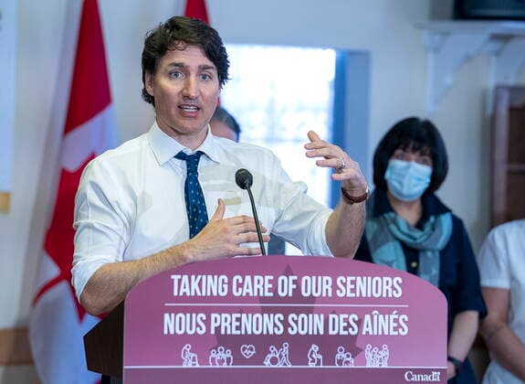 April 19, 2022, Dalhousie, NB, Canada: Prime Minister Justin Trudeau makes a long-term care announcement at the Golden Age Club in Dalhousie, N.B. during a post-budget tour on Tuesday, April 19, 2022. Dalhousie Canada  - ZUMAc35_ 20220419_zaf_c35_007 Copyright: xAndrewxVaughanx