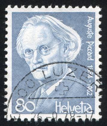 SWITZERLAND - CIRCA 1978: stamp printed by Switzerland, shows Auguste Piccard, circa 1978 , 11019746.jpg, 1978, August, Physicist, Piccard, Seal, Switzerland, academic, adult, aged, ancient, antique, balloonist, boffin, designer, engineer, envelope, face, forehead, glasses, hair, hairstyle, head, historic, inventor, letter, mail, male, man, message, mouth, mustache, nose, old, philately, portrait, postage, postcard, postmark, retro, savant, scholar, scientist, senior, spectacles, stamp, vintage,