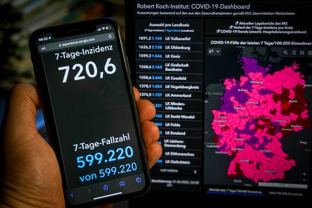 Coronavirus in Germany Covid 19 Robert Koch Institute dashboard 21 04 2022 Robert Koch Institute 7 days Incidence 720.6 7 days Number of cases 599 220 COVID 19 cases 23 844 536 Additions increased by 186 325 from previous day COVID 19 deaths 133 632 Additions increased by 324 from previous day