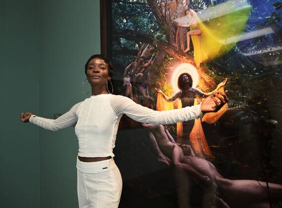 Bilder des Jahres 2022, Entertainment 04 April Entertainment Themen der Woche KW16 Milan, Italy David Lachapelle I Believe in Miracles exhibition at MUDEC attended by David Lachapelle, Reiner Opoku and Denis Curti curators with 90 works exhibited from 22 April to 11 September 2022 In the picture: Guetcha Tondreau model with work created by David Lachapelle  Copyright: xNickxZonnax xipa-agency.netx xNickxZonnax