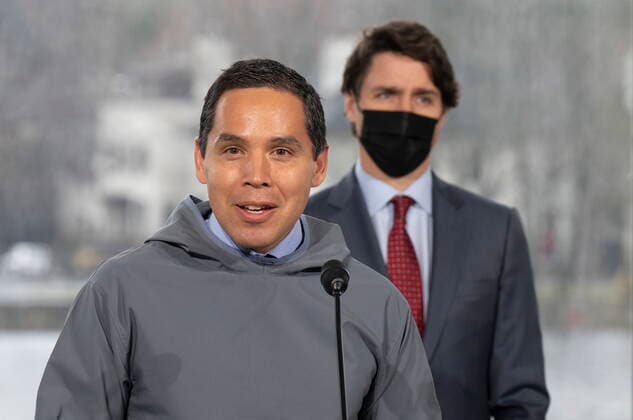 April 21, 2022, Ottawa, ON, Canada: Prime Minister Justin Trudeau looks on as President of the Inuit Tapiriit Kanatami Natan Obed speaks during a news confeference, Thursday, April 21, 2022 in Ottawa. Ottawa Canada  - ZUMAc35_ 20220421_zaf_c35_029 Copyright: xAdrianxWyldx