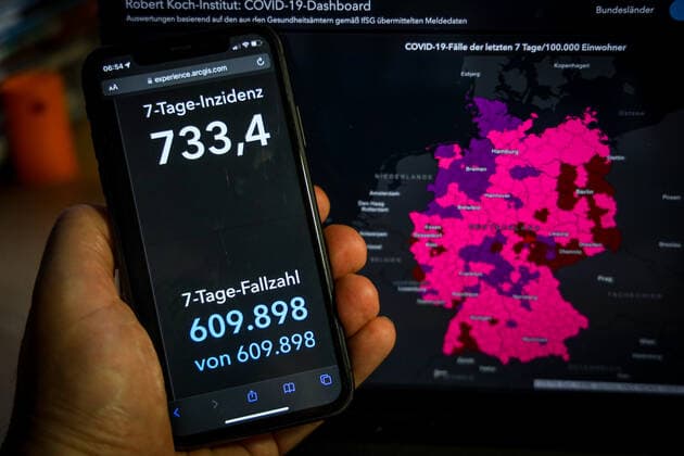 Coronavirus in Germany Covid 19 Robert Koch Institute Dashboard 22 04 2022 Robert Koch Institute 7 days Incidence 733.4 7 days Number of cases 609 898 COVID 19 Cases 24 006 254 Addition of 161 718 compared to previous day COVID 19 Deaths 133 921 Addition of 289 compared to previous day
