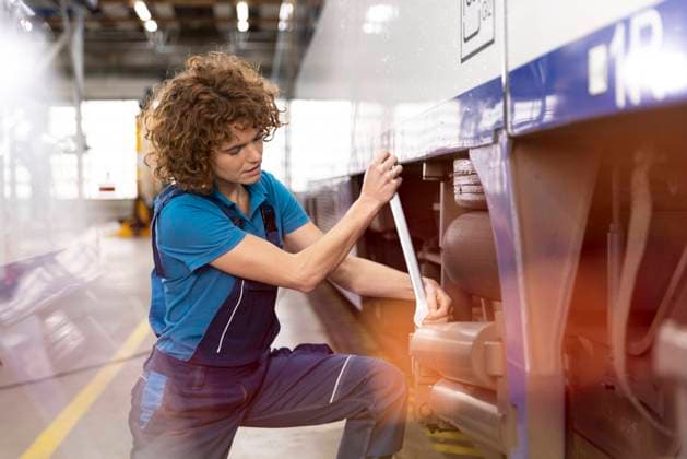 IMAGO Creative: Business, Inflation und Lieferketten Engineer fixing monorail engine with wrench at industry model released, Symbolfoto property released, FKF04771