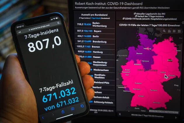Coronavirus in Germany Covid 19 Robert Koch Institute Dashboard 24 04 2022 Robert Koch Institute 7 days Incidence 807.0 7 days Number of cases 671 032 COVID 19 cases 24 180 512 Additions of 39 179 compared to previous day COVID 19 deaths 134 179 Additions of 24 compared to previous day
