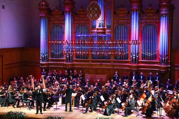 MOSCOW, RUSSIA - APRIL 24, 2022: The Mariinsky Theatre Orchestra and Chorus conducted by Valery Gergiev performs during a ceremony held at the Great Hall of the Moscow State Tchaikovsky Conservatory to open the 21st Moscow Easter Festival. Performances mark important events of Russian history as well as renowned composers and artists anniversaries including Alexander Skryabin, Igor Stravinsky, Sergei Dyagilev, in particular Rodion Shchedrin s 90th birthday. Sergei Fadeichev TASS  TS12E406