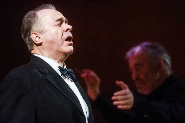 MOSCOW, RUSSIA - APRIL 24, 2022: Opera singer Gennady Bezzubenkov (front) and conductor Valery Gergiev perform during a ceremony held at the Great Hall of the Moscow State Tchaikovsky Conservatory to open the 21st Moscow Easter Festival. Performances mark important events of Russian history as well as renowned composers and artists anniversaries including Alexander Skryabin, Igor Stravinsky, Sergei Dyagilev, in particular Rodion Shchedrin s 90th birthday. Sergei Fadeichev TASS  TS12E420