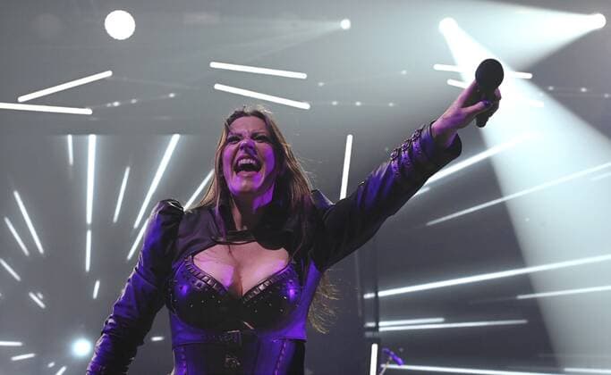 Lead singer Floor Jansen of the Finnish symphonic metal band Nightwish performs on stage during their concert in Helsinki, Finland, on April 24, 2022. Helsinki Finland  Copyright: xHeikkixSaukkomaax LKLAPH20220424212957L498