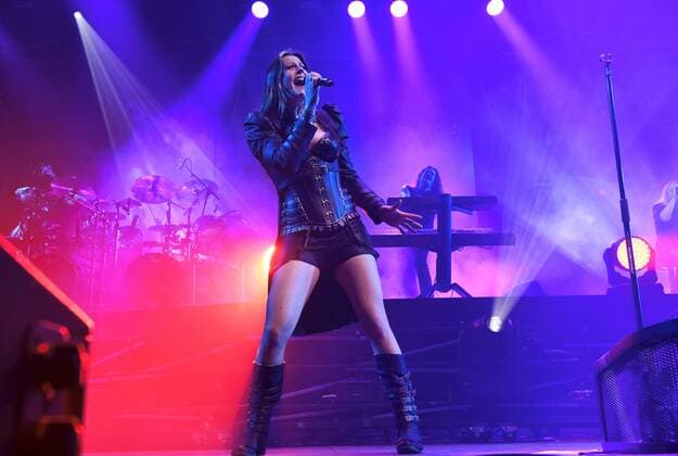 Lead singer Floor Jansen of the Finnish symphonic metal band Nightwish performs on stage during their concert in Helsinki, Finland, on April 24, 2022. Helsinki Finland  Copyright: xHeikkixSaukkomaax LKLAPH20220424212037V793