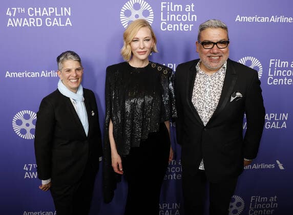 FLC President Lesli Klainberg, Actress Cate Blanchett and Senior Vice President of FLC and Executive Director of the New York Film Festival Eugene Hernandez arrive on the red carpet at the 47th Chaplin Award Gala honoring Cate Blanchett at Alice Tully Hall, Lincoln Center in New York City on Monday, April 25, 2022.  NYP20220425160 JohnxAngelillo