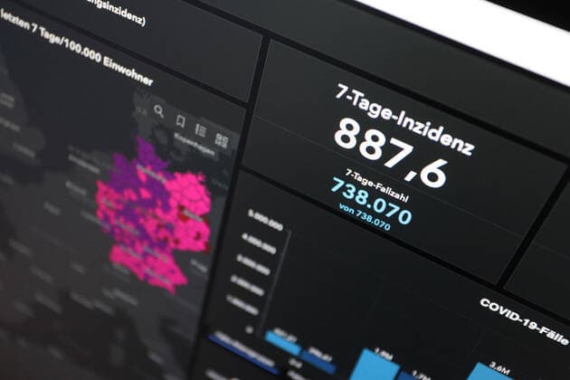 RKI dashboard, 7 day incidence is now 887.6 7 day incidence, RKI dashboard on a monitor on 27 04 2022 in Siegen Germany.
