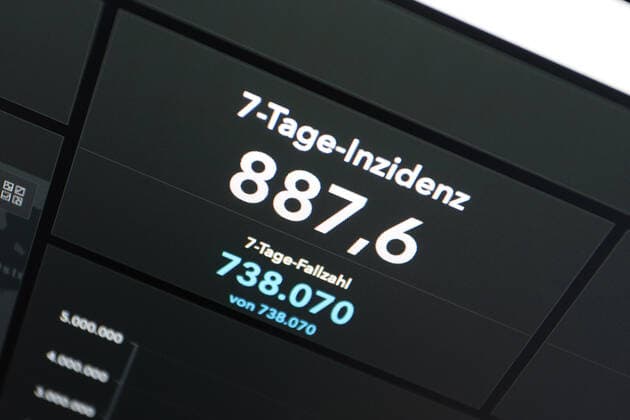 RKI dashboard, 7 day incidence is now 887.6 7 day incidence, RKI dashboard on a monitor on 27 04 2022 in Siegen Germany.