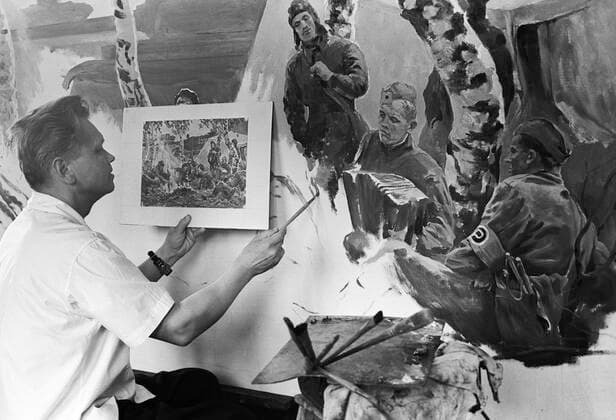 Grekov Studio of Wartime Artists 2650479 01.09.1963 Pyotr Krivonogov, a Soviet battle painter and Merited Worker of Arts of Russia, works in his shop. ???????? ????????? Sputnik Moscow Russia  Copyright: x????????x?????????x