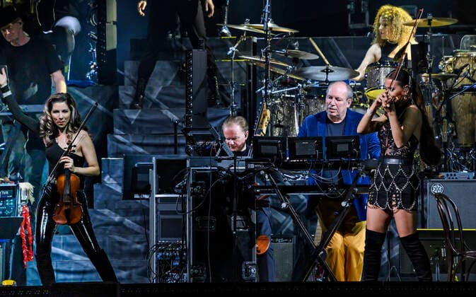 The German Oscar, Grammy and Golden Globe winning composer Hans Zimmer dressed in the colors of Ukraine and his partly Ukrainian orchestra on stage in the Royal Arena on Wednesday 27 April 2022 Hans Zimmer has made music for more than 200 projects, which together have earned close to a staggering 200 billion kr, Copenhagen  Copyright: TorbenxChristensen TorbenxChristensenx COP10686 spdk20220428-010151-L