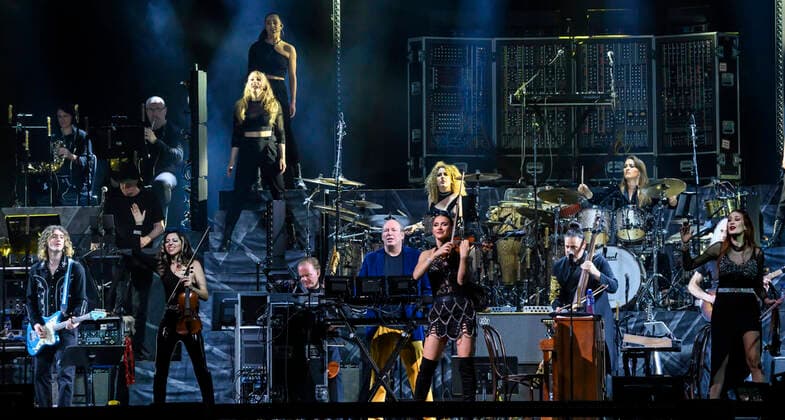 The German Oscar, Grammy and Golden Globe winning composer Hans Zimmer dressed in the colors of Ukraine and his partly Ukrainian orchestra on stage in the Royal Arena on Wednesday 27 April 2022 Hans Zimmer has made music for more than 200 projects, which together have earned close to a staggering 200 billion kr, Copenhagen  Copyright: TorbenxChristensen TorbenxChristensenx COP10686 spdk20220428-010156-L