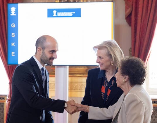 Daniele Bertoglio and Princess Astrid of Belgium pictured during the presentation of the scientific prizes for the year 2022 of the Queen Elisabeth Medical Foundation (FMRE - GSKE), in Brussels, Thursday 28 April 2022. The scientific prizes aim to support Belgian researchers in the field of neurosciences. Several projects have been selected by the Board of Directors of the foundation, on the proposal of its Scientific Committee.  BENOITxDOPPAGNE 34311922