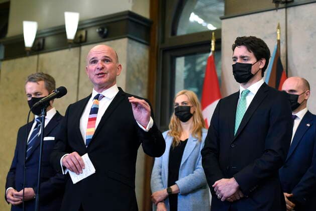 April 28, 2022, Ottawa, ON, CAN: Minister of Tourism Randy Boissonnault speaks as Minister of Labour Seamus O Regan, left, Minister of Sport Pascale St-Onge, Prime Minister Justin Trudeau and Minister of Health Jean-Yves Duclos listen, during an announcement on the ending of the Canadian Blood ServicesöÄÃ blood ban, in Ottawa, on Thursday, April 28, 2022. Ottawa CAN  - ZUMAc35_ 20220428_zaf_c35_023 Copyright: xJustinxTangx
