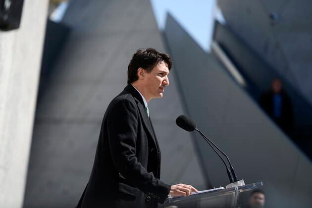 April 28, 2022, Ottawa, ON, CAN: Prime Minister Justin Trudeau speaks during a Yom HaShoah commemoration at the National Holocaust Monument in Ottawa, on Thursday, April 28, 2022. Yom HaShoah is the Jewish community s most significant day for Holocaust remembrance. Ottawa CAN  - ZUMAc35_ 20220428_zaf_c35_052 Copyright: xJustinxTangx