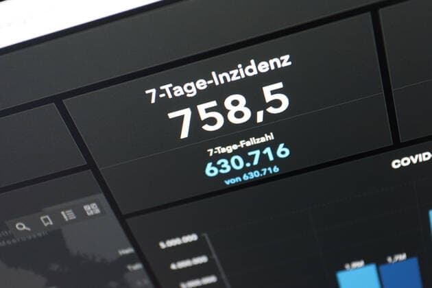 RKI dashboard, 7 day incidence is now 758.5 7 day incidence, RKI dashboard on a monitor on 29 04 2022 in Siegen Germany.