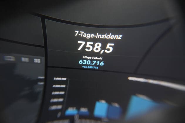 RKI dashboard, 7 day incidence is now 758.5 7 day incidence, RKI dashboard on a monitor on 29 04 2022 in Siegen Germany.