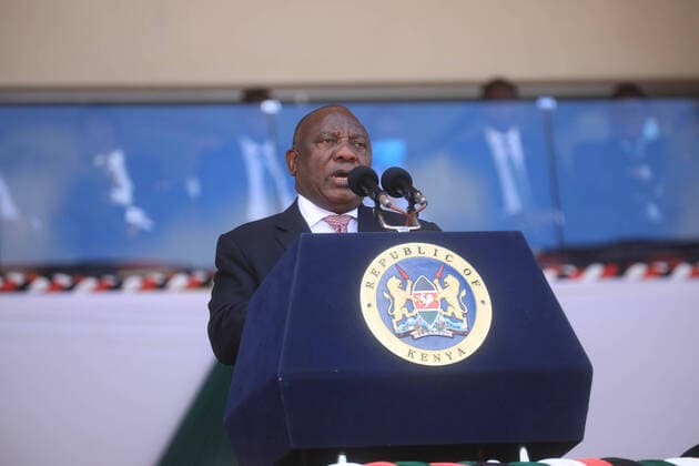Kenia, Trauerfeier für Ex-Präsident Mwai Kibaki in Nairobi April 29, 2022, Nairobi, Kenya: President of South Africa Cyril Ramaphosa speaks during the State Funeral of the late retired president Mwai Kibaki at Nyayo Stadium. The former head of state, who ruled for ten years (December 2002 until April 2013) will be laid to rest on April 30, 2022 at his home in Othaya, Nyeri county. Nairobi Kenya - ZUMAs197 20220429_zaa_s197_109 Copyright: xJohnxOchiengx