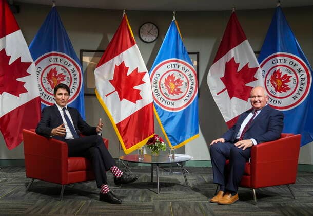 April 29, 2022, MARKHAM, ON, CANADA: Canadian Prime Minister Justin Trudeau, left, meets with the Mayor of Markham, Frank Scarpitti in Markham, Ont., on Friday, April 29, 2022. MARKHAM CANADA  - ZUMAc35_ 20220429_zaf_c35_062 Copyright: xNathanxDenettex