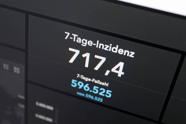 RKI dashboard, 7 day incidence is now 717.4 7 day incidence, RKI dashboard on a monitor on 30 04 2022 in Siegen Germany.