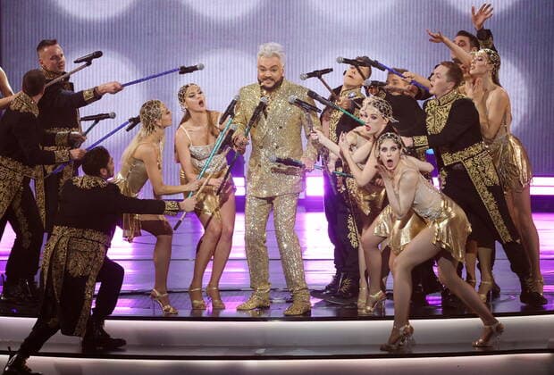 MOSCOW, RUSSIA â€“ APRIL 30, 2022: Singer Filipp Kirkorov performs during a concert titled Gold 55. The greatest hits marking his 55th birthday at the State Kremlin Palace. Vyacheslav Prokofyev TASS  TS12F32B