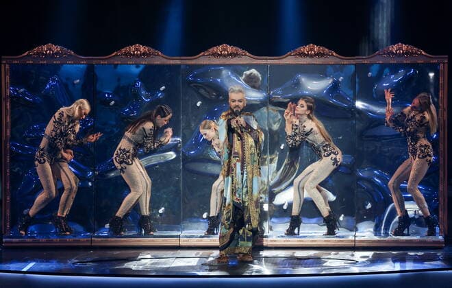 MOSCOW, RUSSIA â€“ APRIL 30, 2022: Singer Filipp Kirkorov performs during a concert titled Gold 55. The greatest hits marking his 55th birthday at the State Kremlin Palace. Vyacheslav Prokofyev TASS  TS12F352