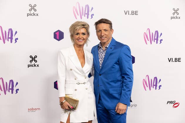 Virginie Van Mol and sports commentator Wesley Sonck pictured on the red carpet at the arrival for the 14th edition of the MIA s (Music Industry Award) award show, in Brussels, Saturday 30 April 2022. The MIA awards are handed out by the VRT and VI.BE.  JAMESxARTHURxGEKIERE 34345855