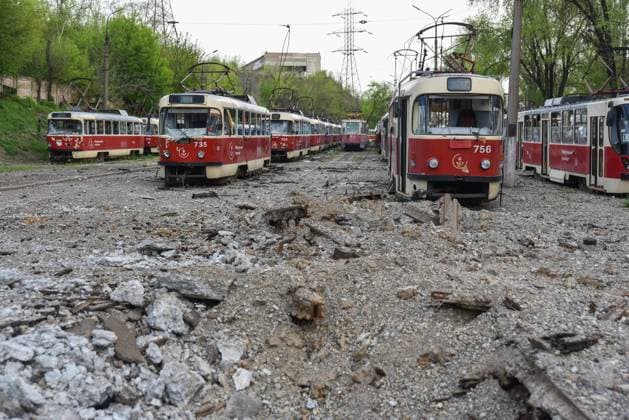 DONETSK REGION, UKRAINE â€“ APRIL 30, 2022: Damaged trams in the port city of Mariupol. The Russian Armed Forces are carrying out a special military operation in Ukraine in response to requests from the leaders of the Donetsk People s Republic and Lugansk People s Republic for help. Nikolai Trishin TASS  TS12F3AB