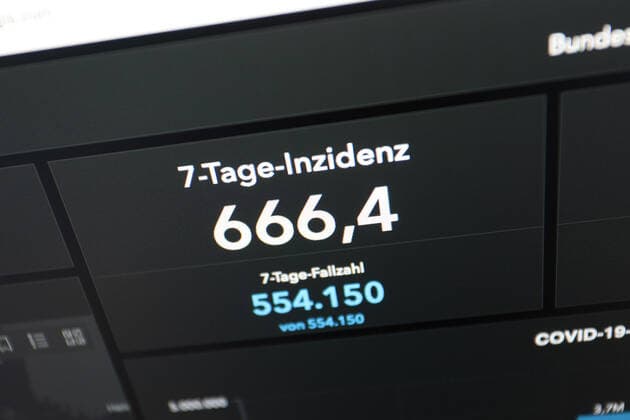 RKI dashboard, 7 day incidence is now 666.4 7 day incidence, RKI dashboard on a monitor on 01 05 2022 in Siegen Germany.