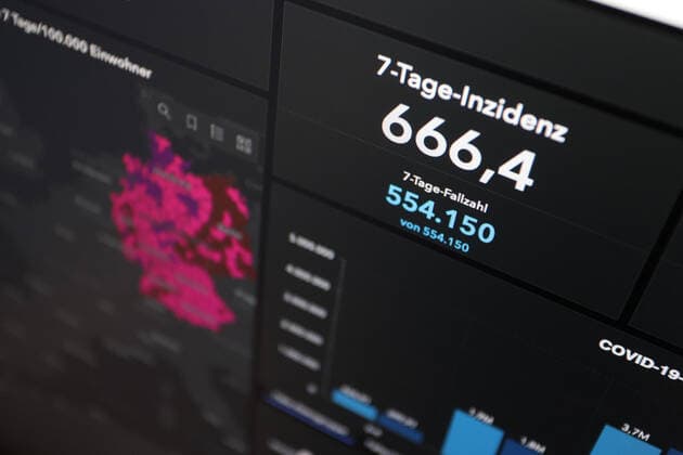 RKI dashboard, 7 day incidence is now 666.4 7 day incidence, RKI dashboard on a monitor on 01 05 2022 in Siegen Germany.