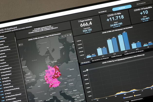 RKI dashboard, 7 day incidence is now 666.4 7 day incidence, RKI dashboard on a monitor on 01 05 2022 in Siegen Germany.