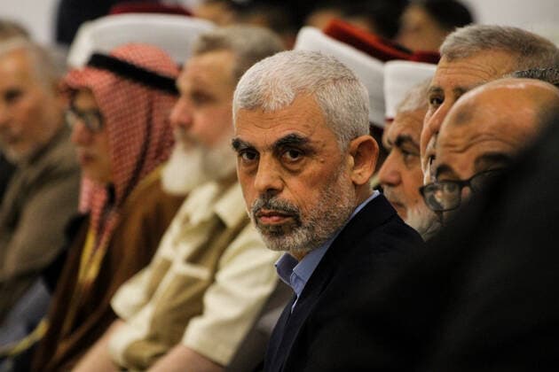 April 30, 2022, Gaza City, Gaza Strip, Palestine: Gaza, Palestine. 30 April 2022. The head of the Islamic Resistance Movement of Hamas, Yahya Al-Sinwar, attends a meeting with political and military officials, and academics, in Gaza City. Sinwar also delivered a speech in which he mentioned the recent incursions by Israeli forces at the Al Aqsa Mosque, and the position of the United Arab List and the Knesset member Mansour Abbas in IsraelÃ¢â‚¬â ¢s coalition government Gaza City Palestine - ZUMAd99_ 20220430_zap_d99_021 Copyright: xAhmadxHasaballahx