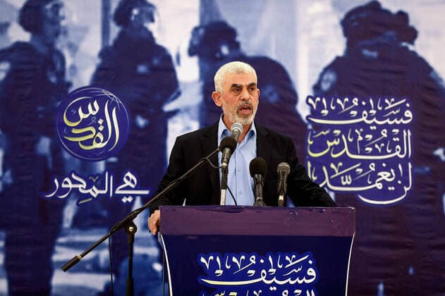 April 30, 2022, Gaza, Palestine: Yahya al-Sinwar, head of the Palestinian Hamas movement in the Gaza Strip, attends a meeting with people at a hall on the seashore in Gaza City. Gaza Palestine - ZUMAs197 20220430_zaa_s197_326 Copyright: xYousefxMasoudx