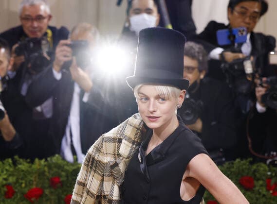 Emma Corrin arrives on the red carpet for The Met Gala at The Metropolitan Museum of Art celebrating the Costume Institute opening of In America: An Anthology of Fashion in New York City on Monday, May 2, 2022.  NYP20220502203A JOHNxANGELILLO