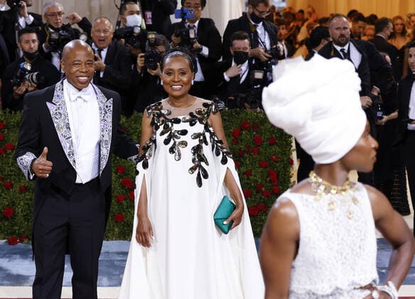 Tracey Collins and New York City Mayor Eric Adams arrive on the red carpet for The Met Gala at The Metropolitan Museum of Art celebrating the Costume Institute opening of In America: An Anthology of Fashion in New York City on Monday, May 2, 2022.  NYP20220502332 JOHNxANGELILLO