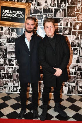 2022 APRA MUSIC AWARDS, Mashed N Kutcher Adam Morris (left) and Adam Morris pose for photos during the 2022 APRA Music Awards at Melbourne Town Hall in Melbourne, Tuesday, May 3, 2022. ( NO ARCHIVING, EDITORIAL USE ONLY, NO USE IN BOOKS WITHOUT CONSENT MELBOURNE VIC AUSTRALIA  Copyright: xJAMESxROSSx 20220503001654535436