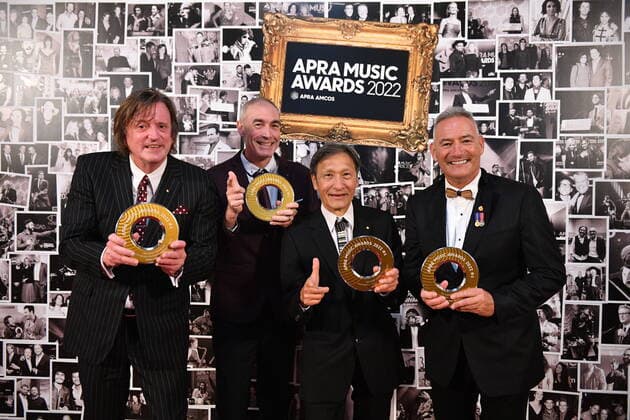 2022 APRA MUSIC AWARDS, (L-R) Murray Cook, Greg Page, Jeff Fatt, Anthony Field of the Wiggles pose for a photograph after winning the Ted Albert Award for Outstanding Services to Australian Music, during the 2022 APRA Music Awards at Melbourne Town Hall in Melbourne, Tuesday, May 3, 2022. ( NO ARCHIVING, EDITORIAL USE ONLY, NO USE IN BOOKS WITHOUT CONSENT MELBOURNE VIC AUSTRALIA Copyright: xJAMESxROSSx 20220503001654566032