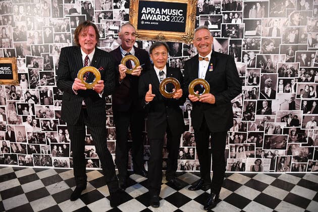 2022 APRA MUSIC AWARDS, (L-R) Murray Cook, Greg Page, Jeff Fatt, Anthony Field of the Wiggles pose for a photograph after winning the Ted Albert Award for Outstanding Services to Australian Music, during the 2022 APRA Music Awards at Melbourne Town Hall in Melbourne, Tuesday, May 3, 2022. ( NO ARCHIVING, EDITORIAL USE ONLY, NO USE IN BOOKS WITHOUT CONSENT MELBOURNE VIC AUSTRALIA Copyright: xJAMESxROSSx 20220503001654566049